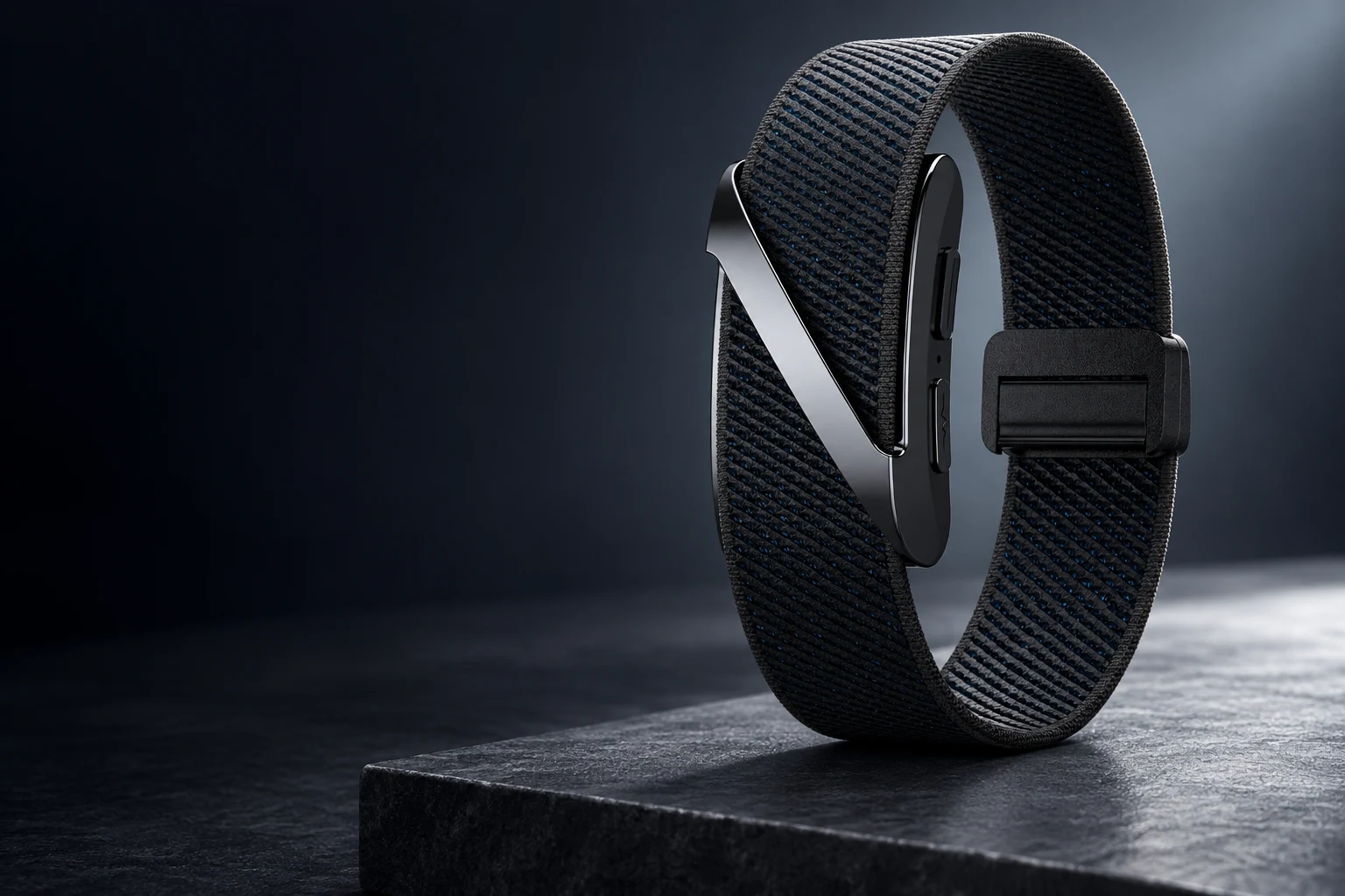 The screen-free VitaBand with its dark woven strap, presented in a studio setting
